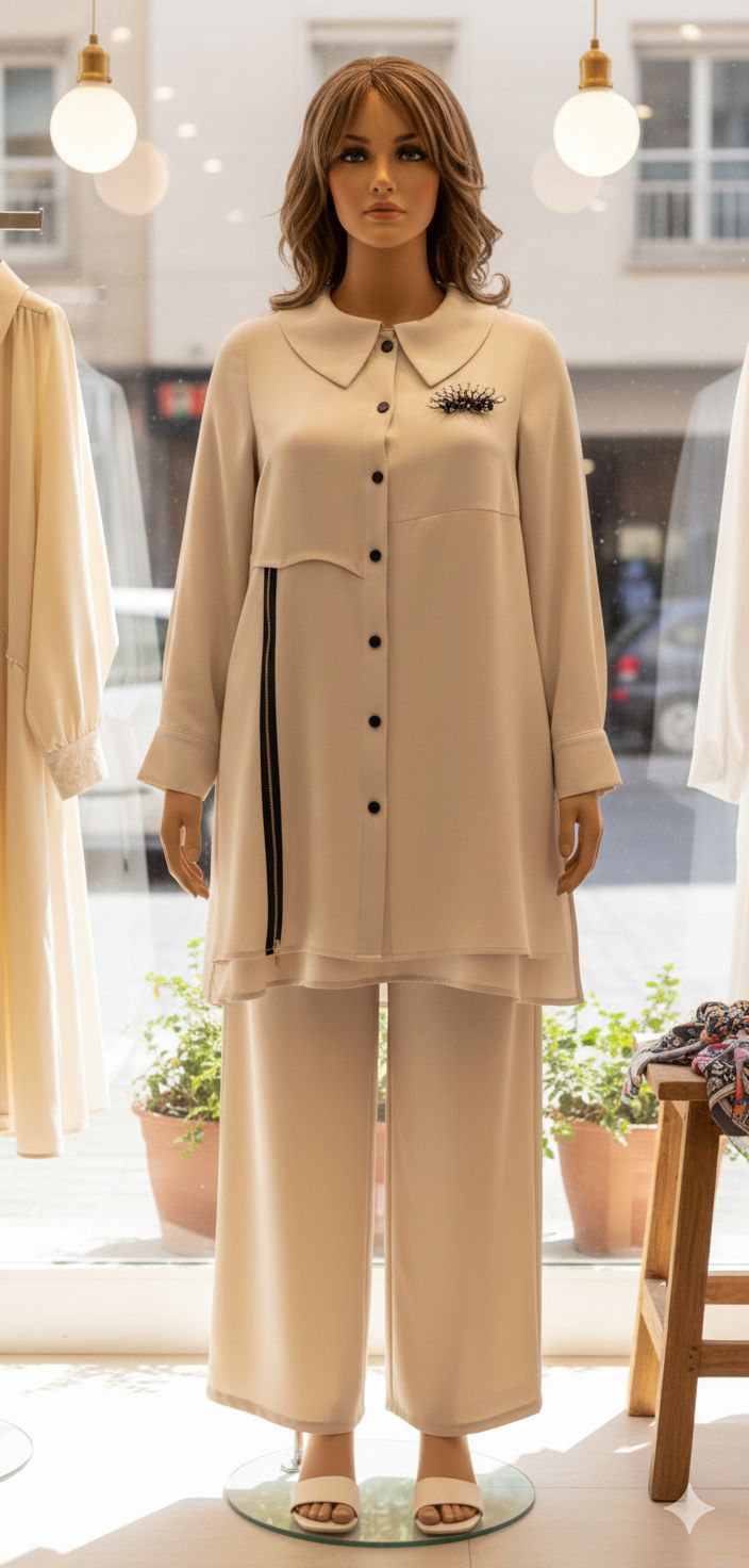 Plus Size Beige Button-Front Top &amp; Pants Set with Side Stripe – Fatma Danışman