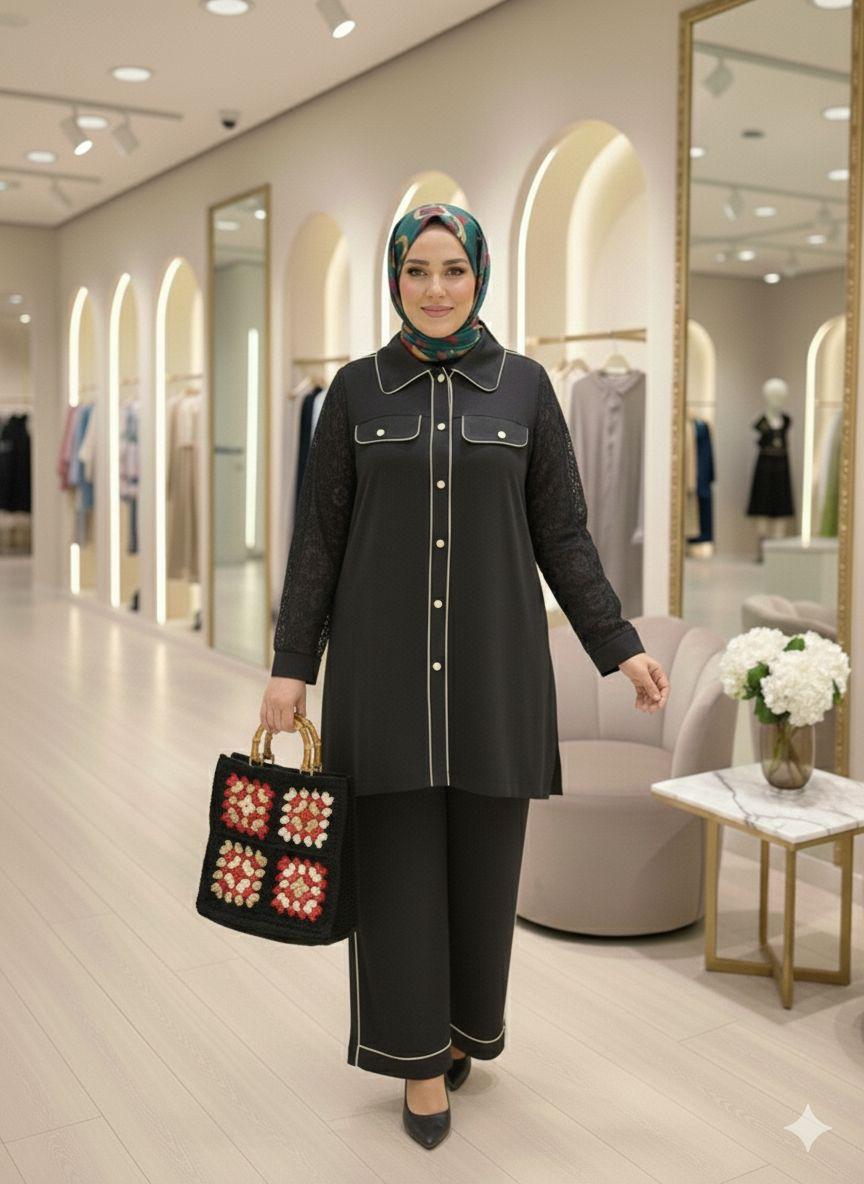 Plus Size Black Button-Front Top &amp; Pants Set with Lace Sleeves – Fatma Danışman