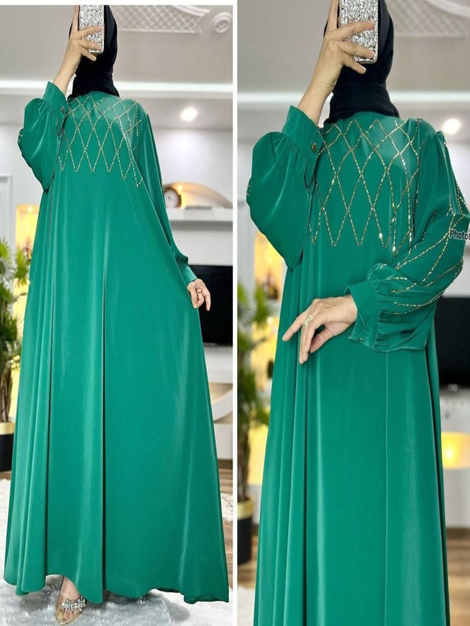 Green Stamp Detailed Big Size Abaya Dress