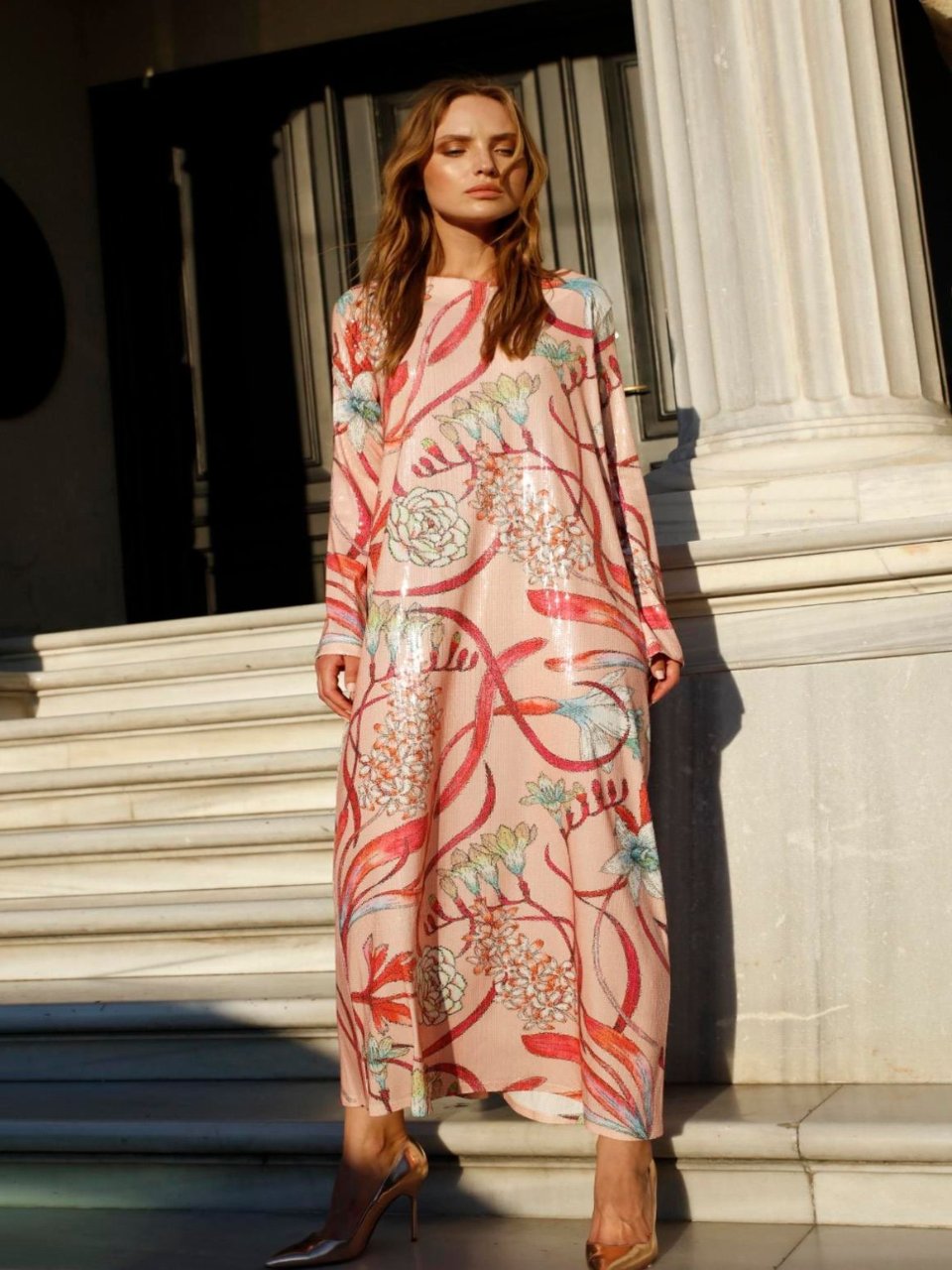 SEQUIN PALM TREE HOUSE PATTERN BALLOON SLEEVE MAXI LONG DRESS!