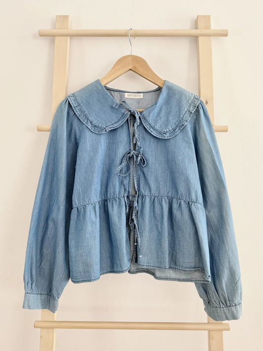 Ruffled 3 Bow Thin Denim Blouse