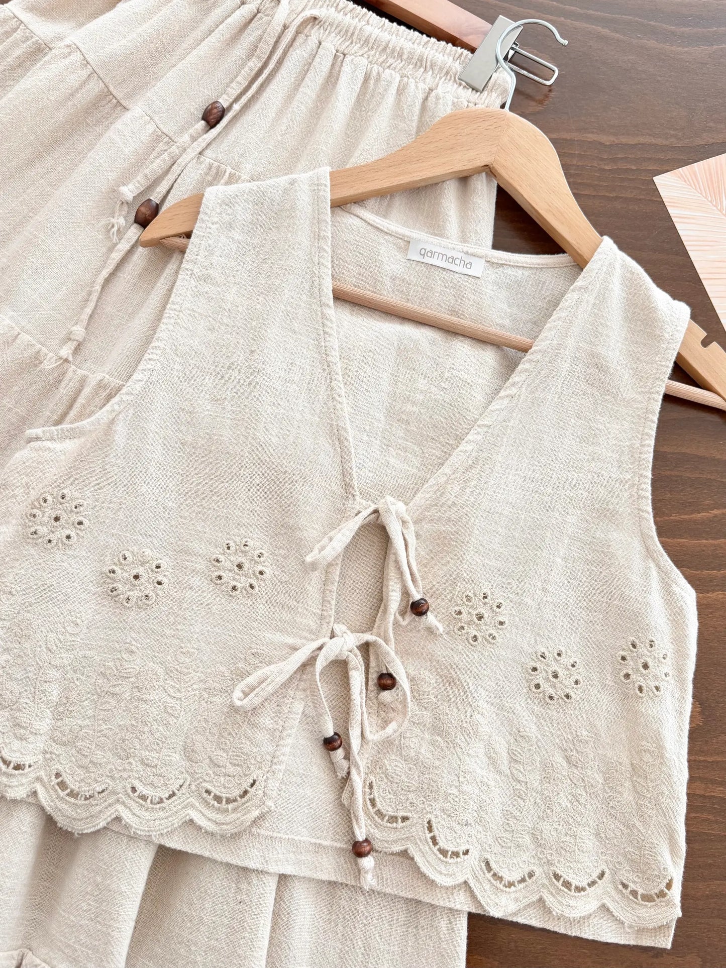 Linen Tiered Skirted With Vest Set