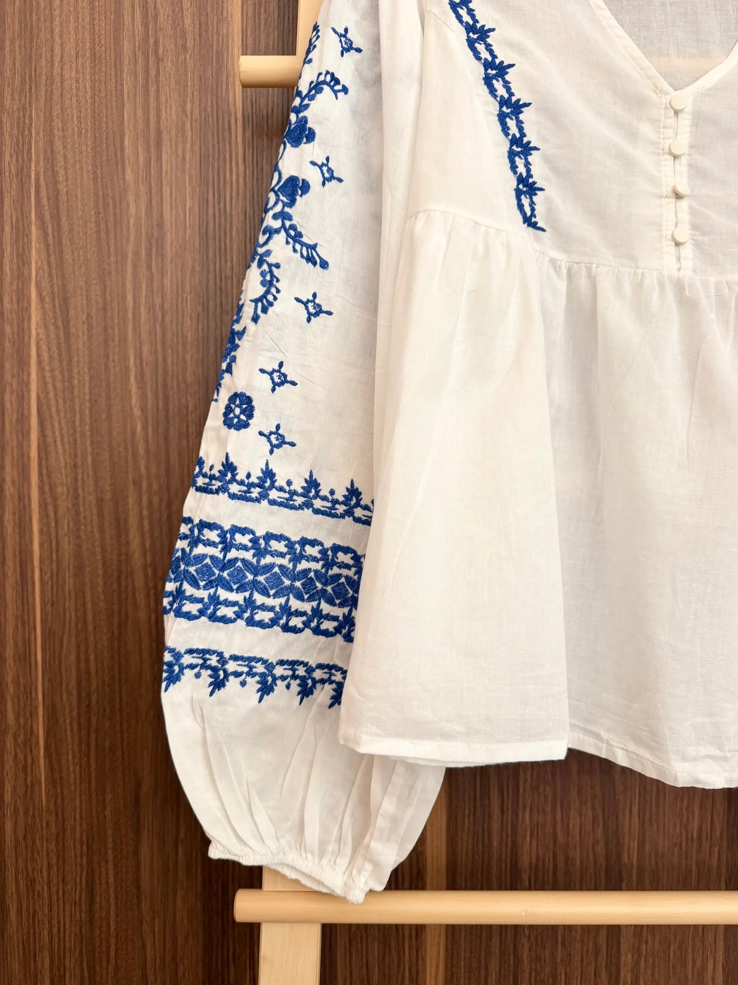 Blue Embroidered V-Neck Blouse