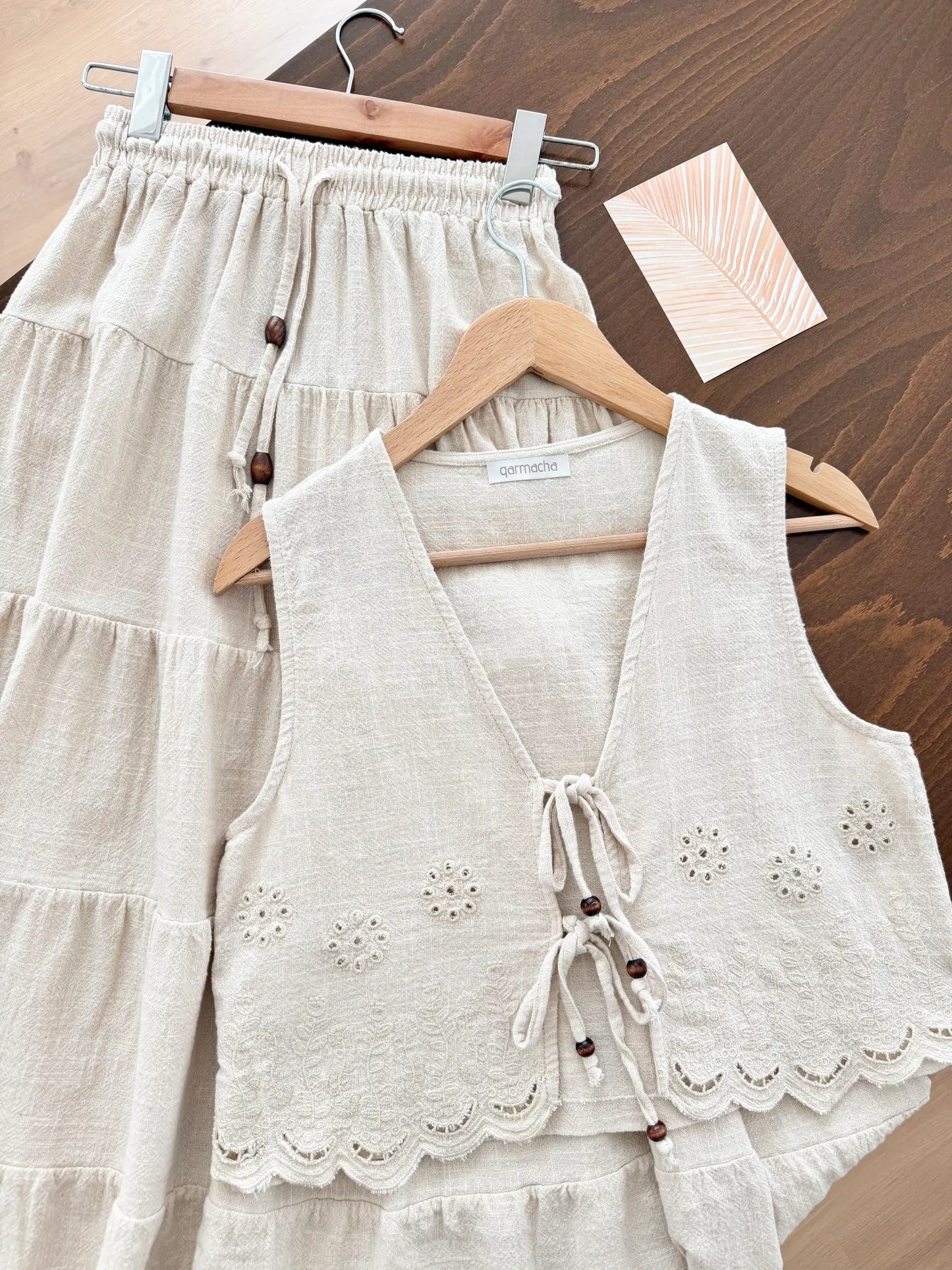 Linen Tiered Skirted With Vest Set