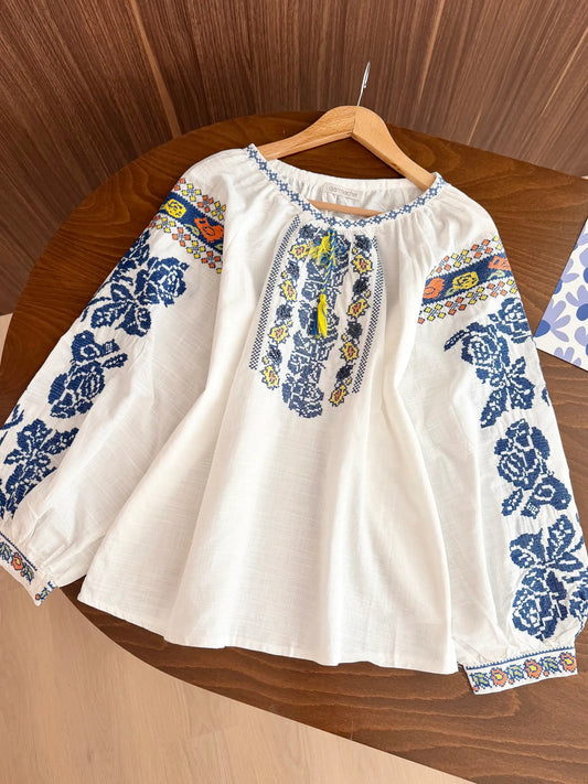 Blue Cross-Stitch Embroidered Blouse
