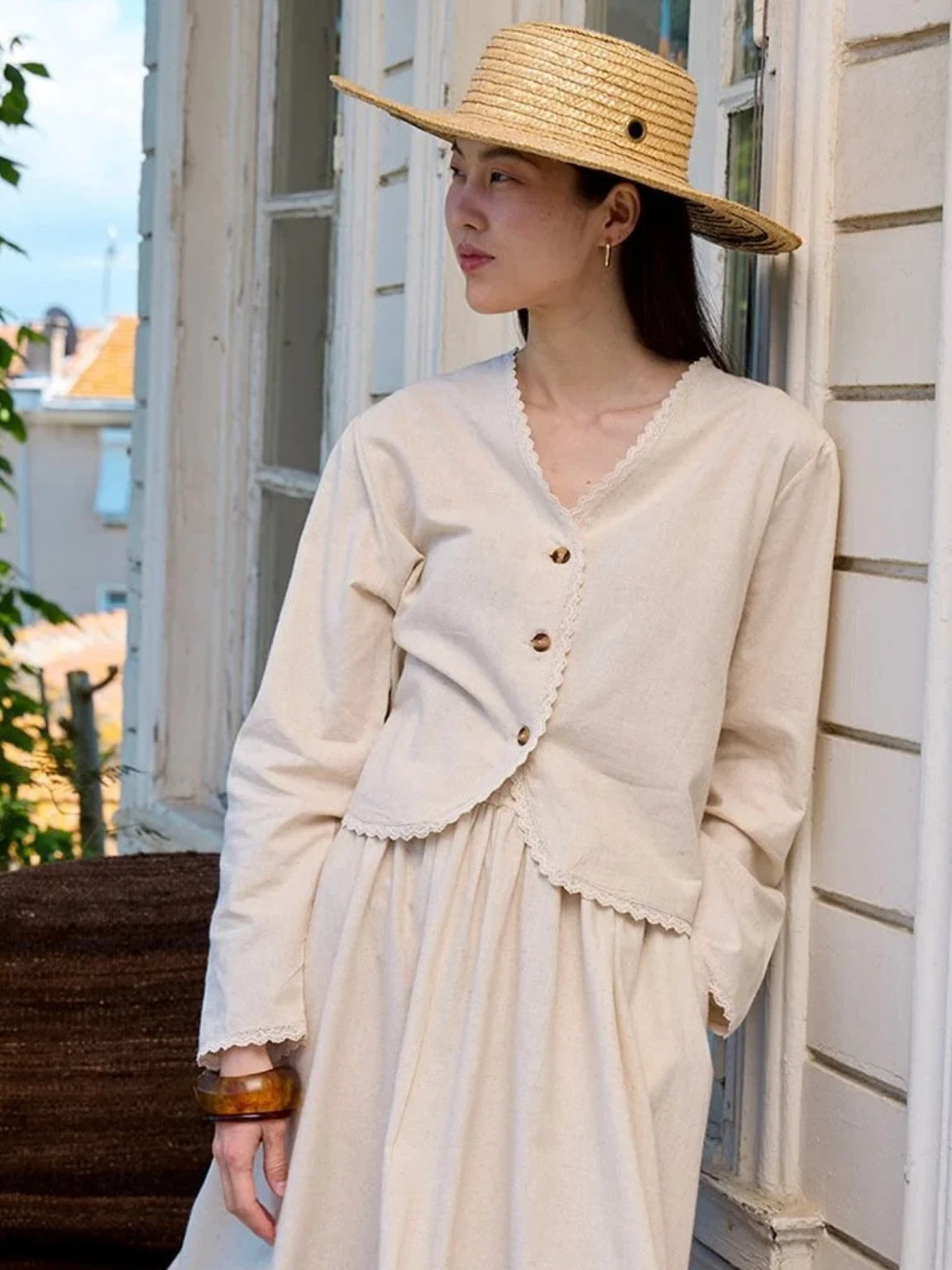 Organic Linen Lace Detail Jacket & Yoke Skirt Set