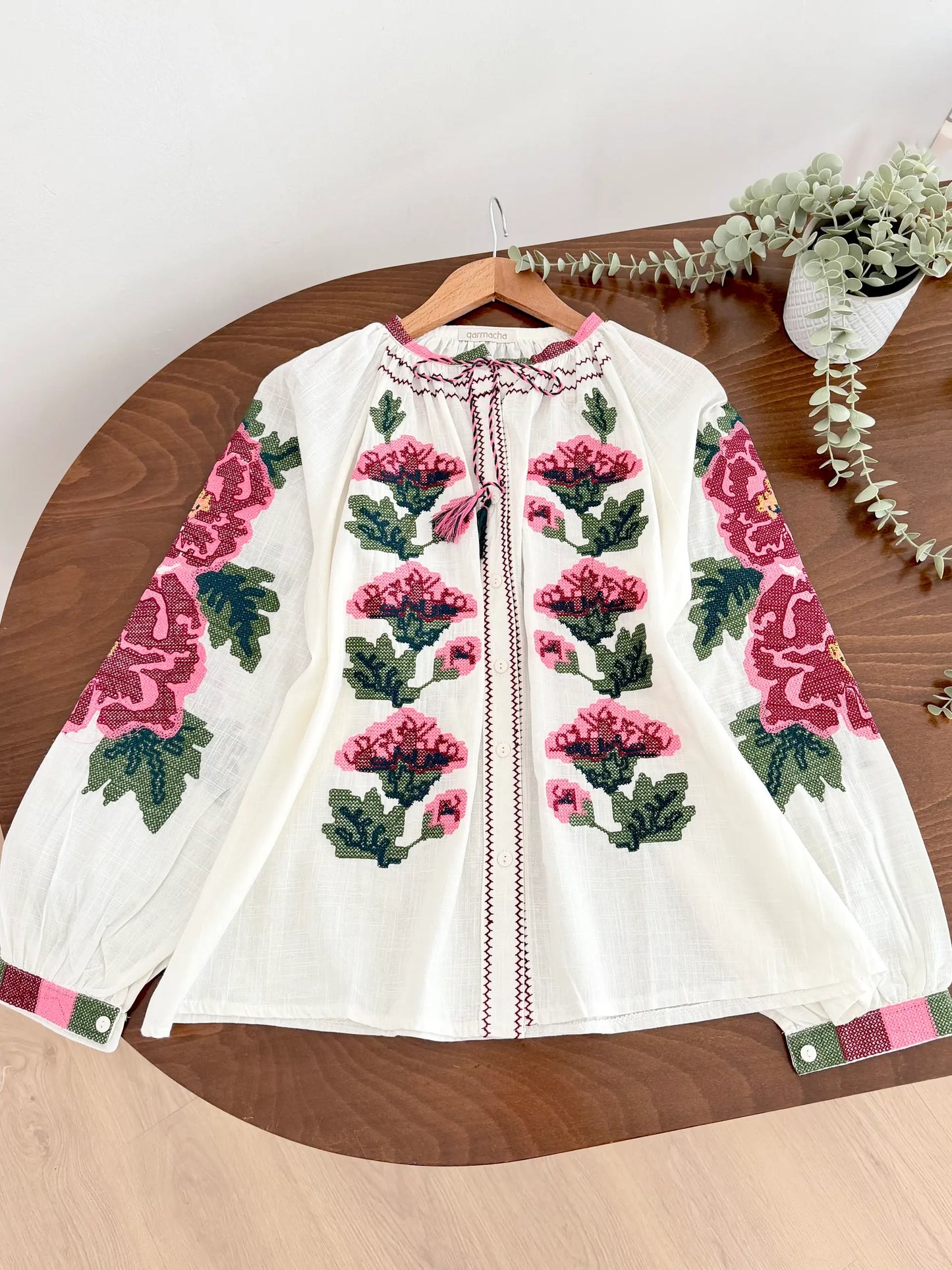 Rose Cross-Stitch Embroidered Blouse