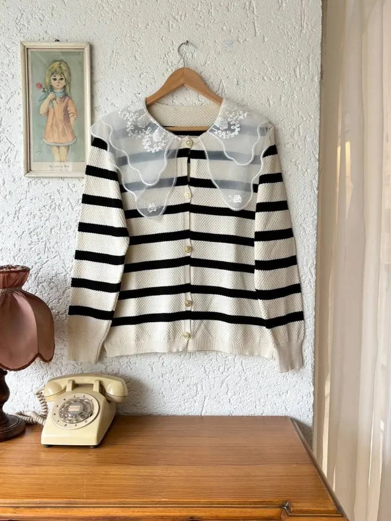 Striped Lace Neck Cardigan