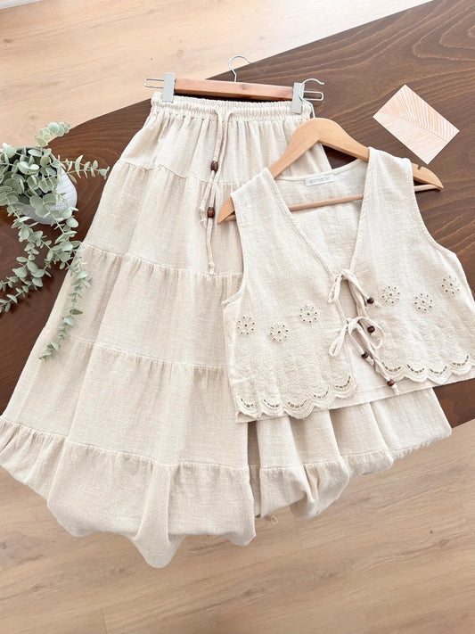 Linen Tiered Skirted With Vest Set