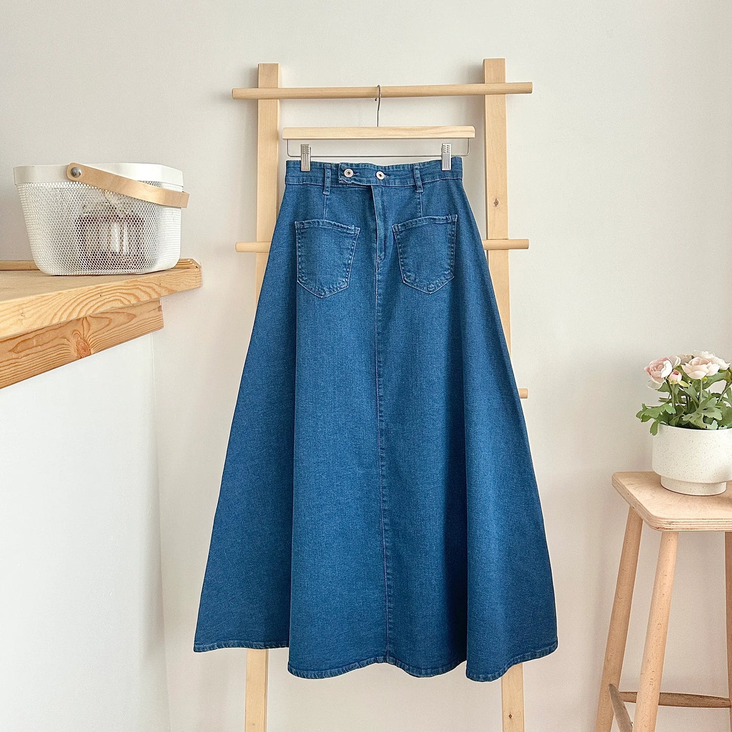 Paneled Flared Denim Skirt