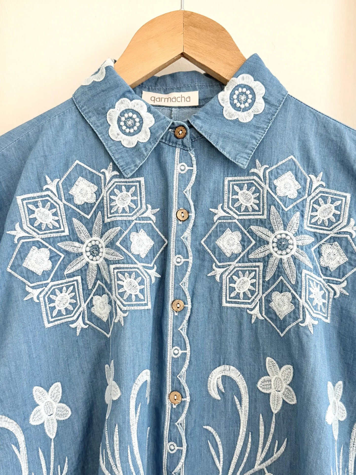 Ethnic Patterned Denim Tunic Shirt