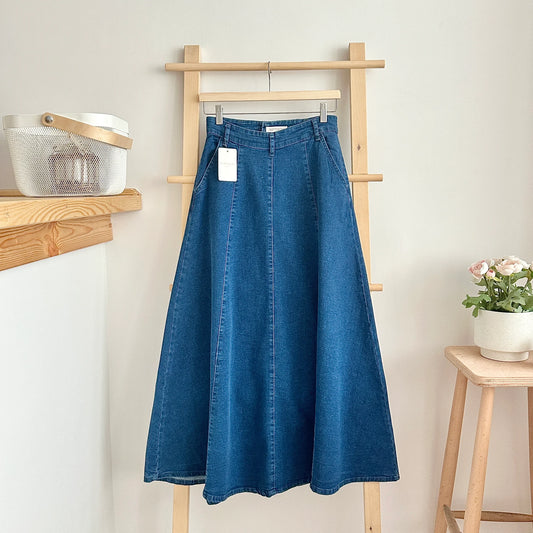 Paneled Flared Denim Skirt