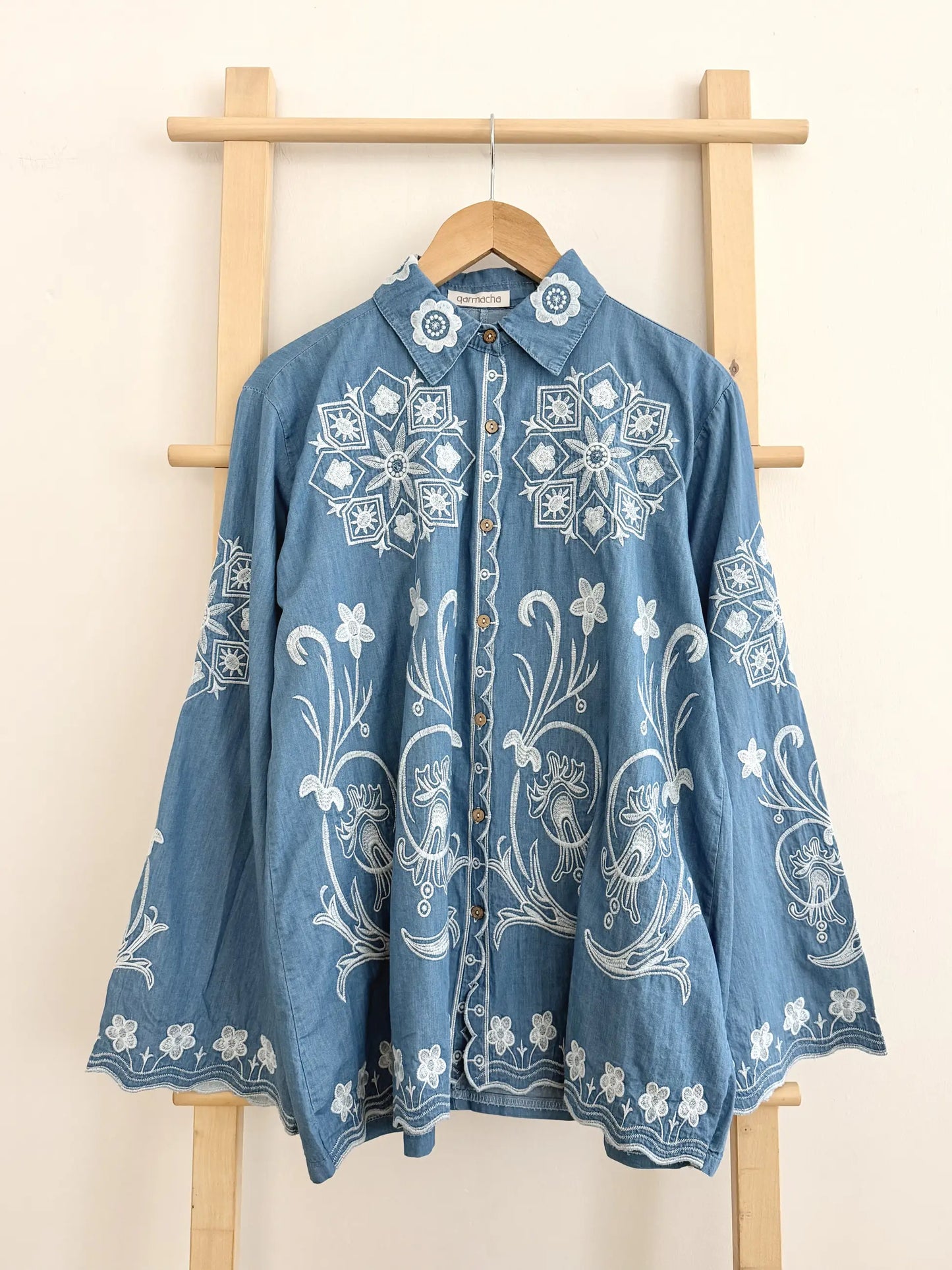 Ethnic Patterned Denim Tunic Shirt