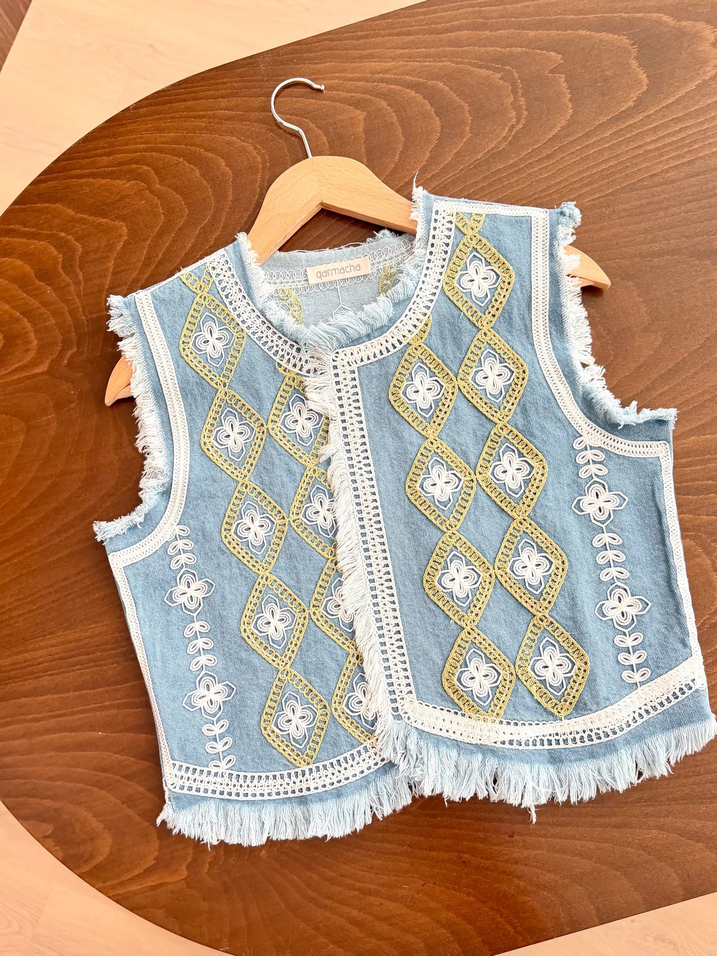 Tasseled Chain Embroidered Denim Yelek