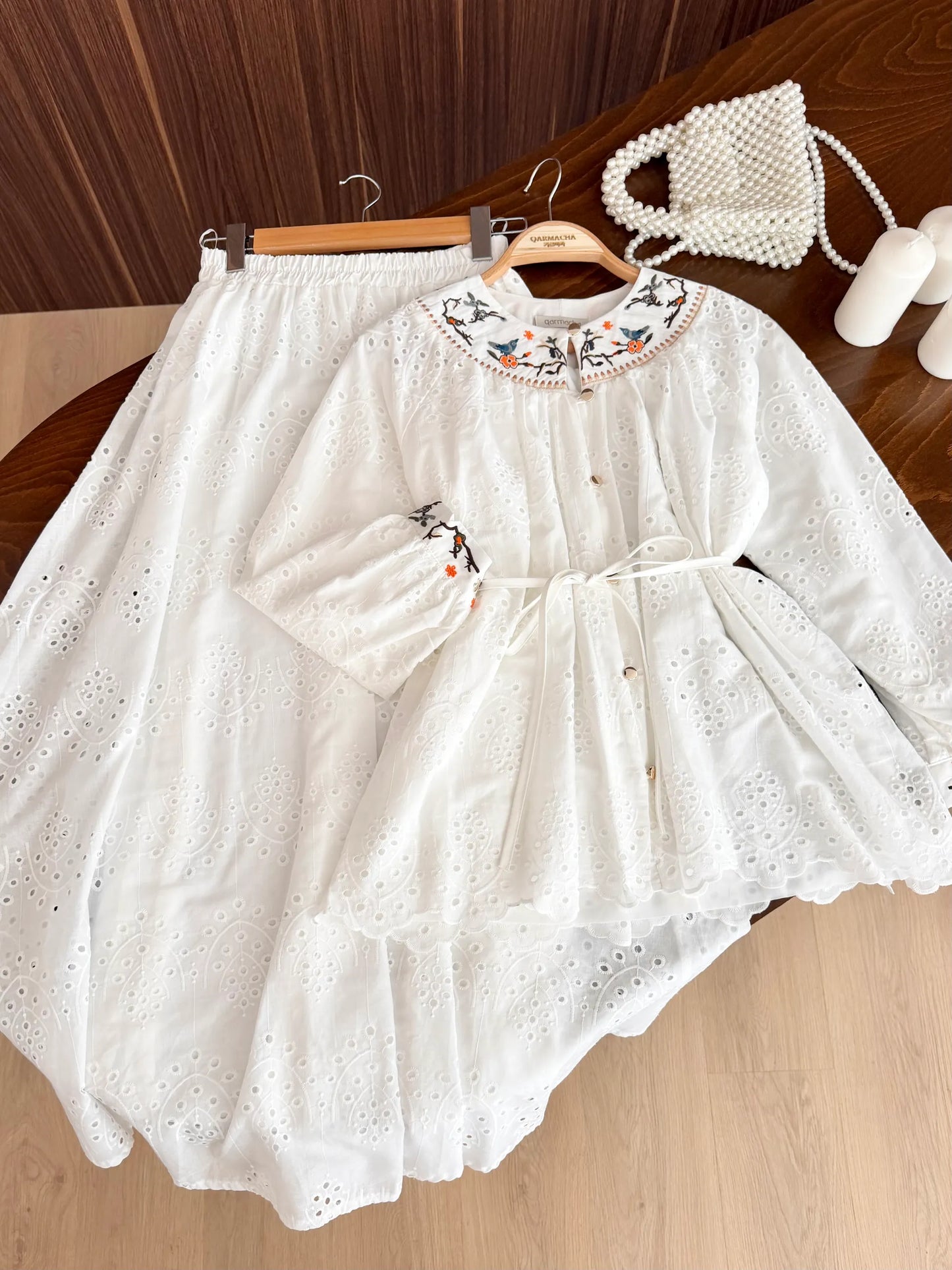 Embroidery Detail Scalloped Skirted Set