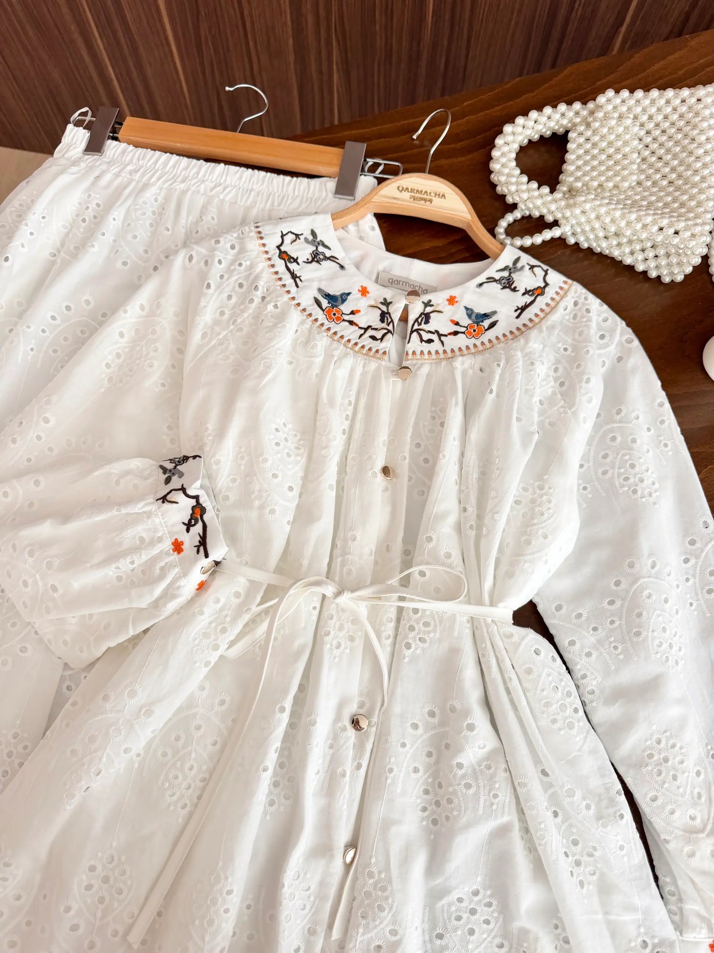 Embroidery Detail Scalloped Skirted Set