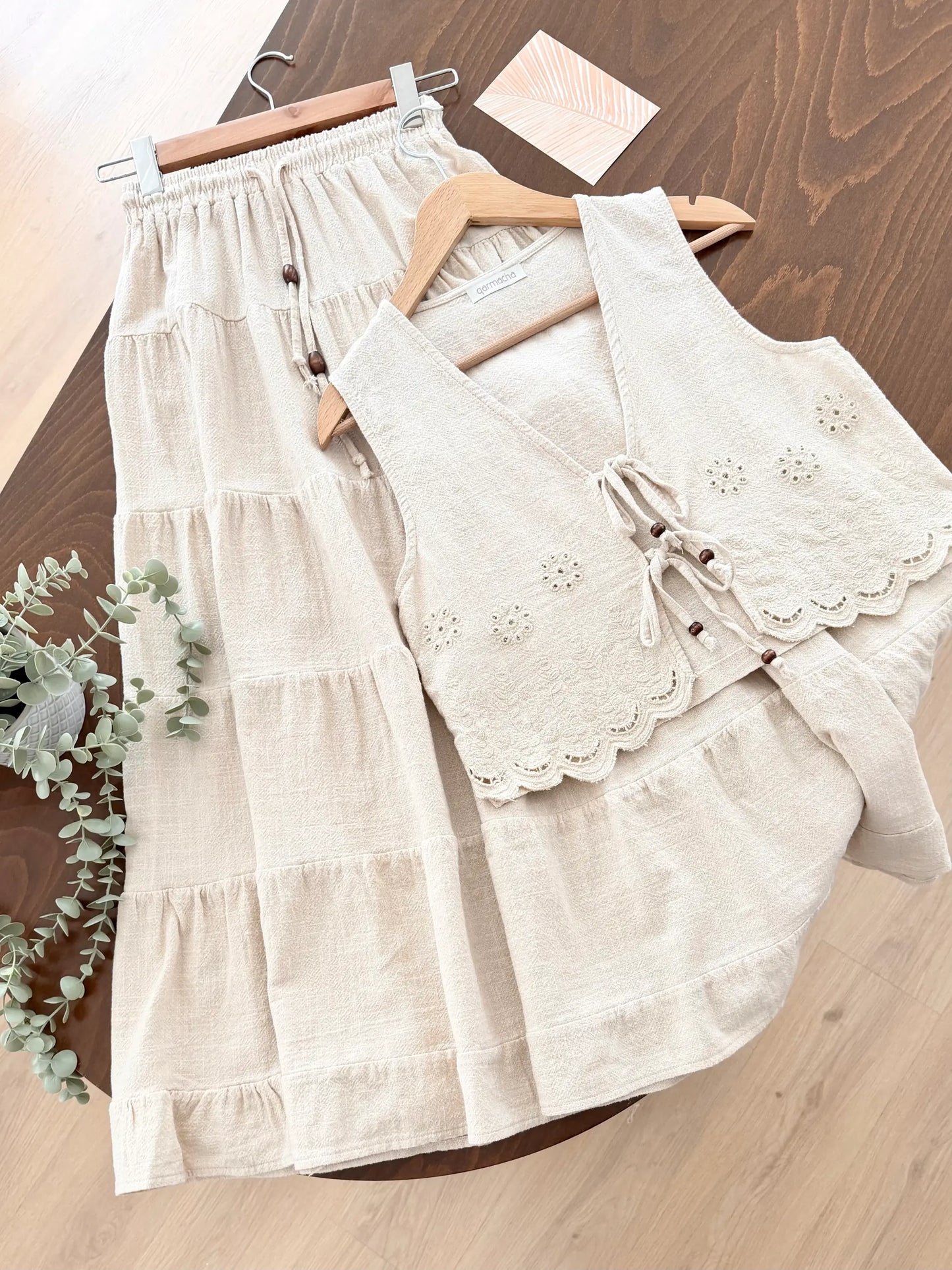 Linen Tiered Skirted With Vest Set