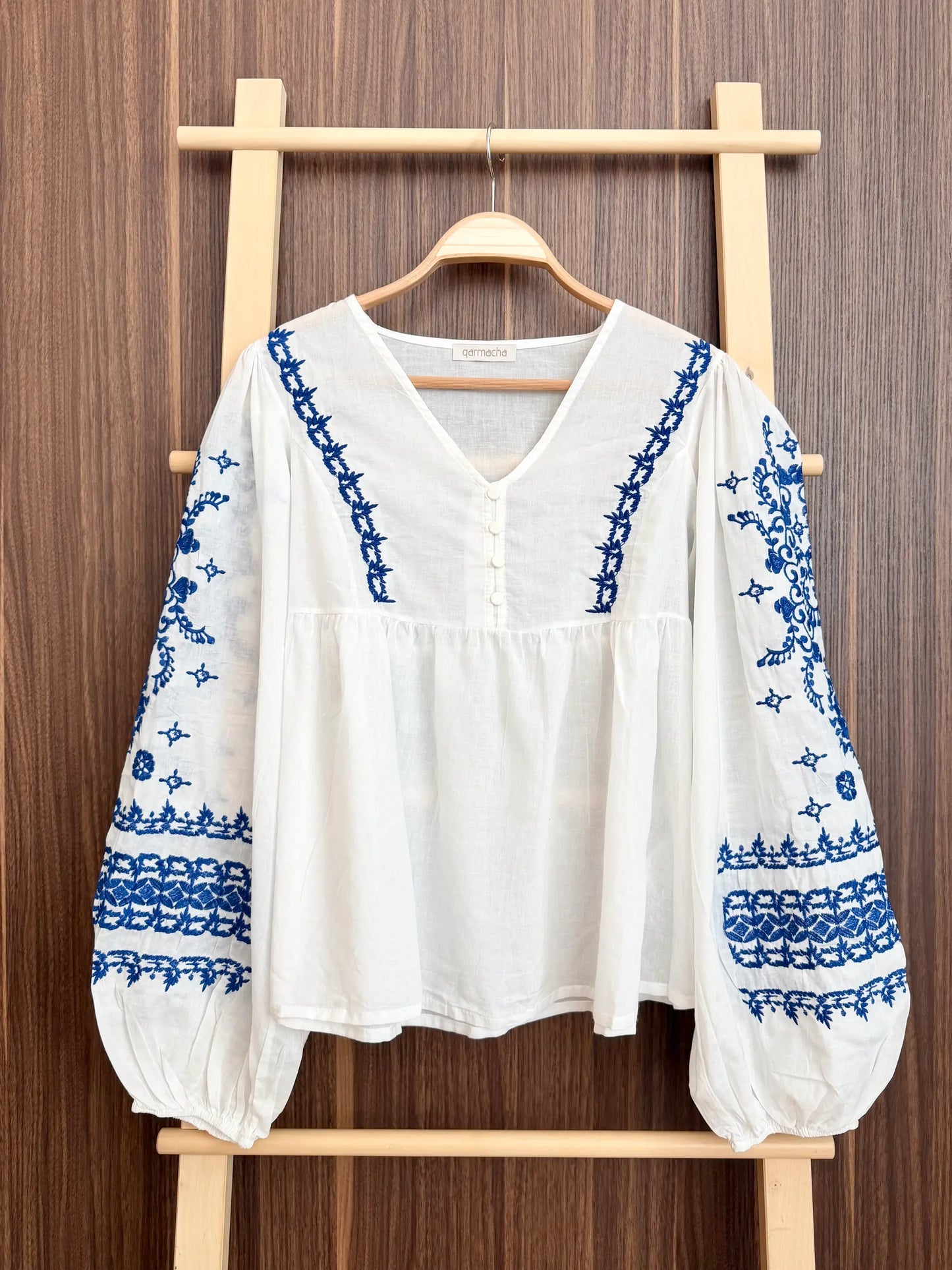 Blue Embroidered V-Neck Blouse
