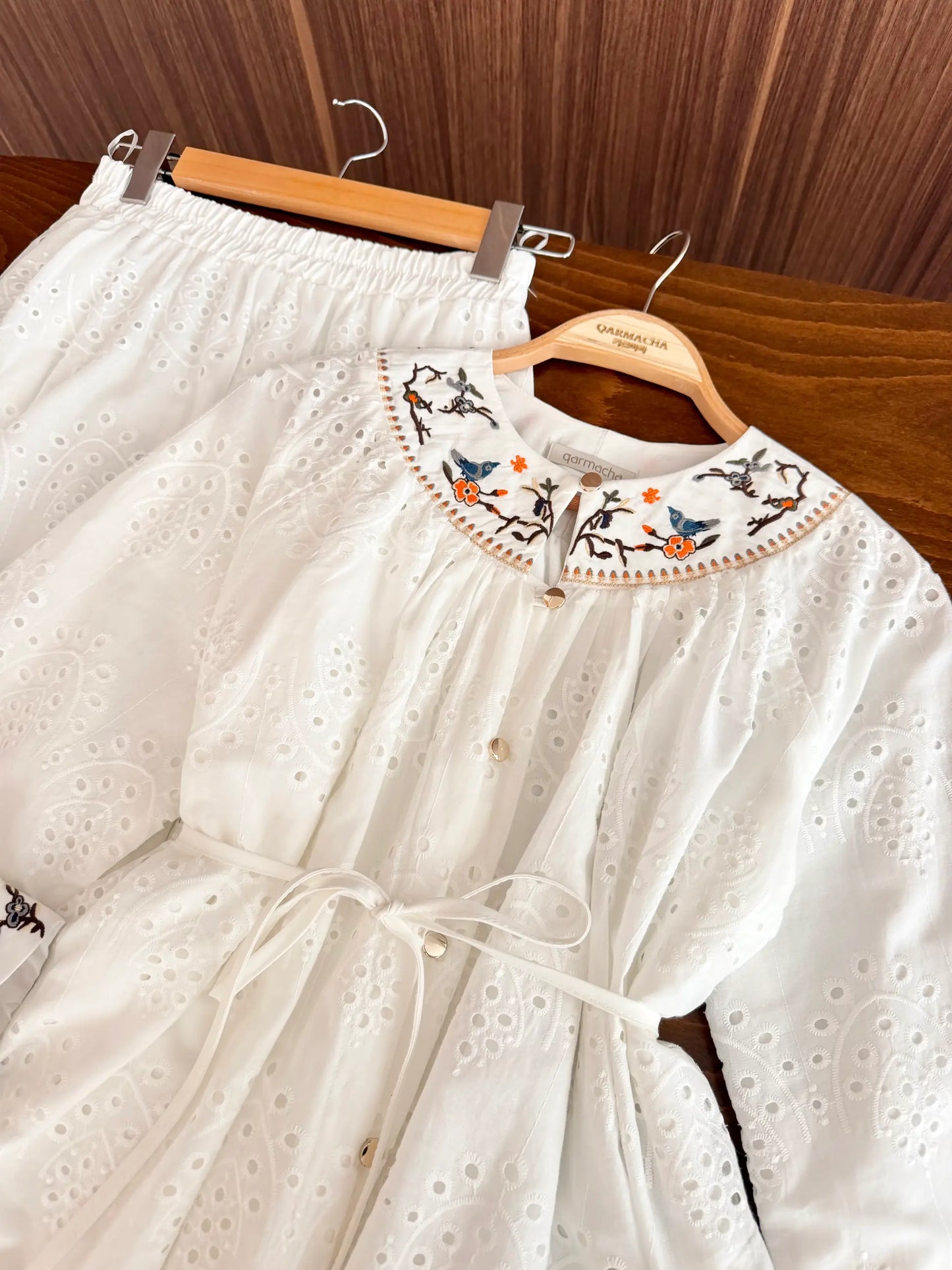 Embroidery Detail Scalloped Skirted Set