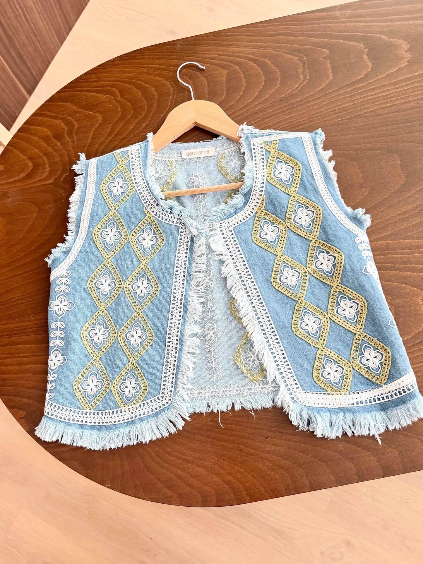 Tasseled Chain Embroidered Denim Yelek