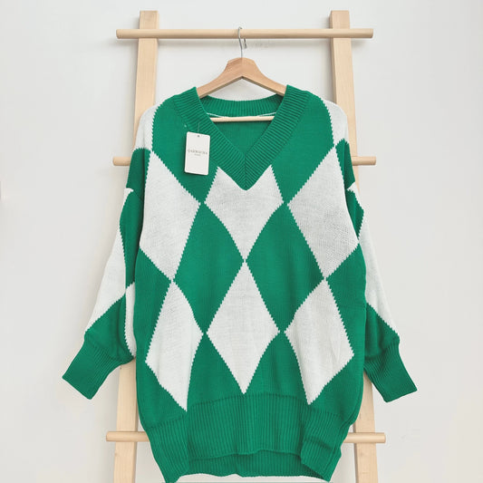 V-Neck Baklava Patterned Sweater