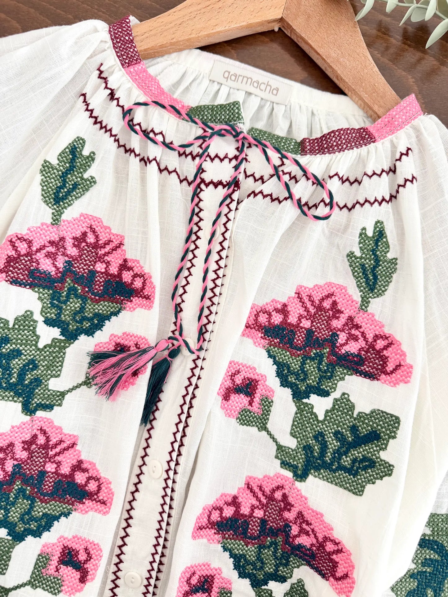 Rose Cross-Stitch Embroidered Blouse