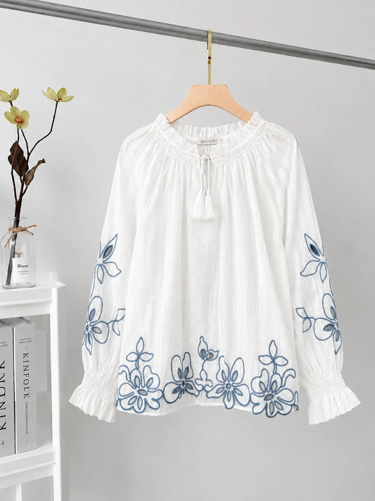 Gathered Neck Embroidered Blouse
