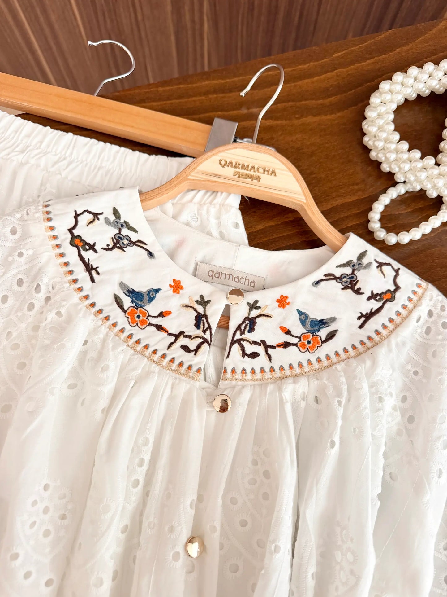 Embroidery Detail Scalloped Skirted Set