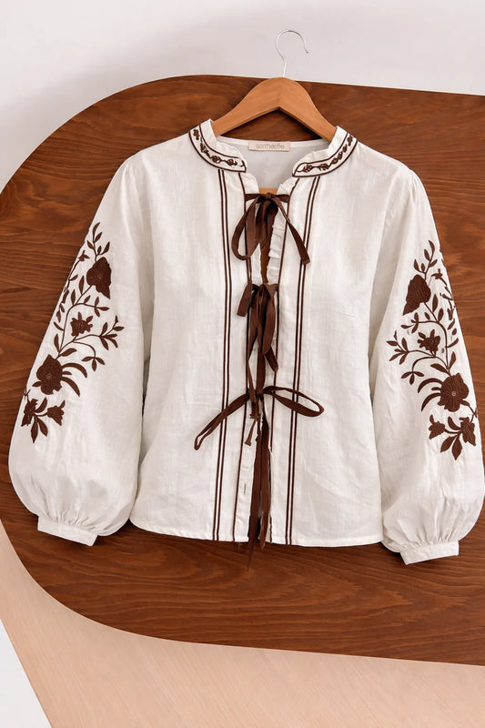 Embroidered Tie Blouse
