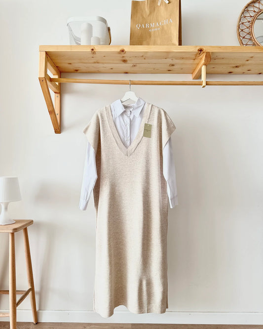 V-Neck Knit Vest & Short Shirt Set