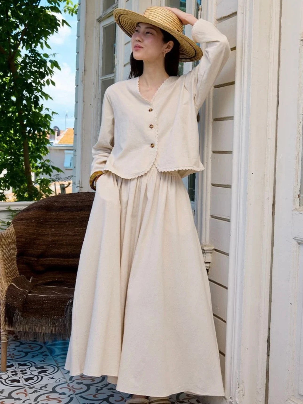 Organic Linen Lace Detail Jacket & Yoke Skirt Set