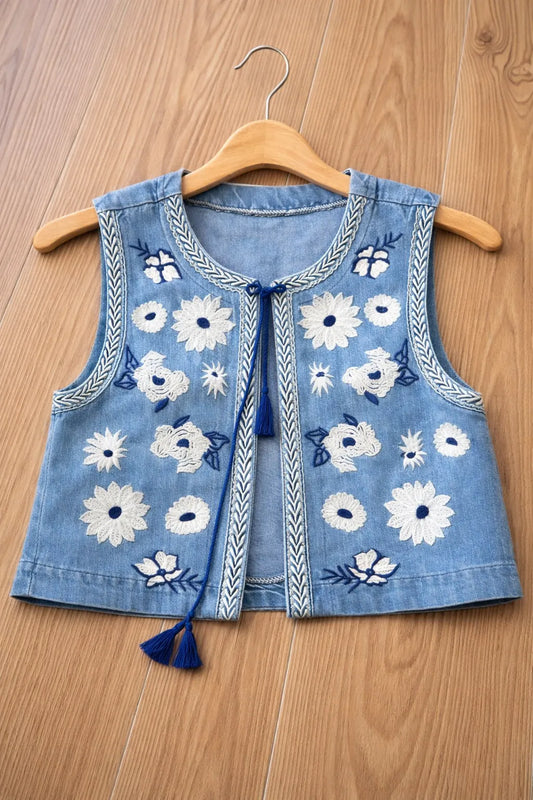Daisy Embroidered Denim Yelek