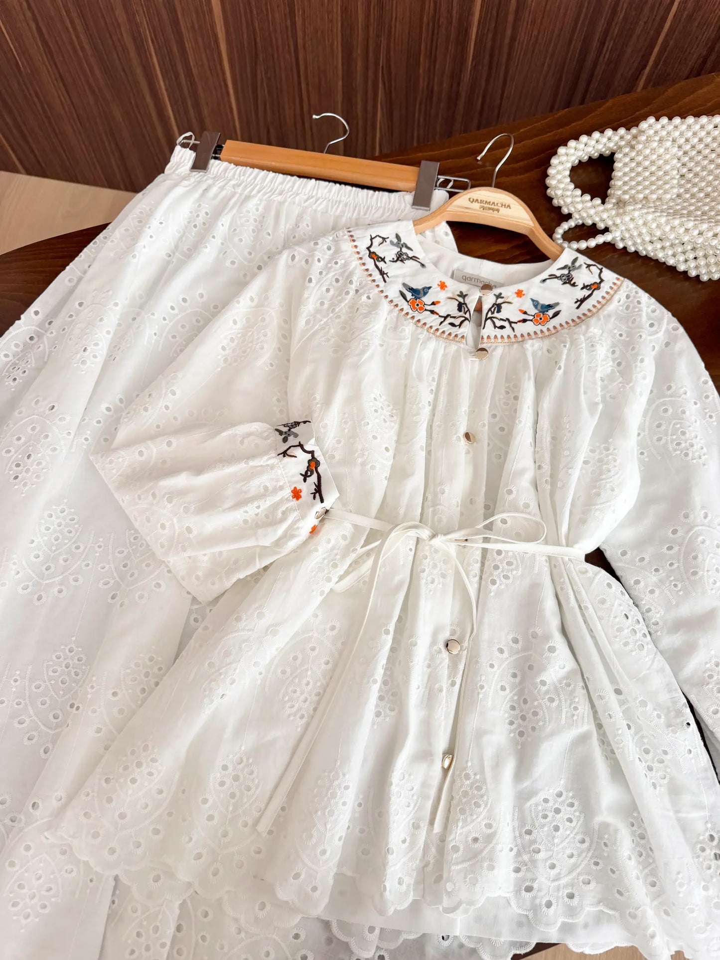 Embroidery Detail Scalloped Skirted Set
