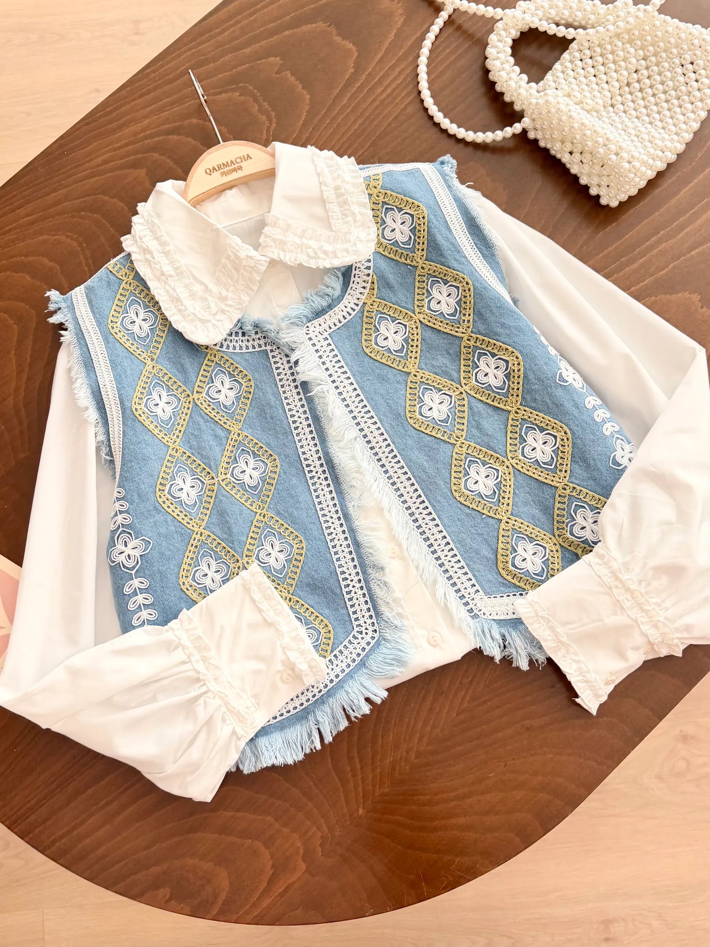 Tasseled Chain Embroidered Denim Yelek