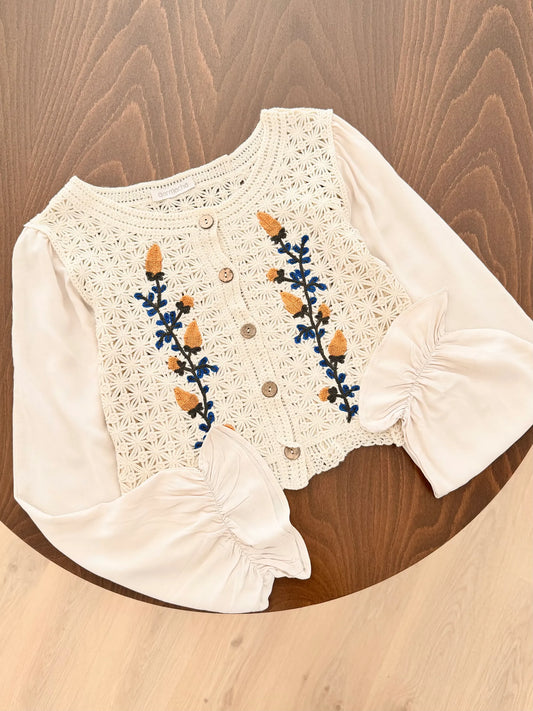 Princess Sleeve Floral Embroidered Crop Cardigan