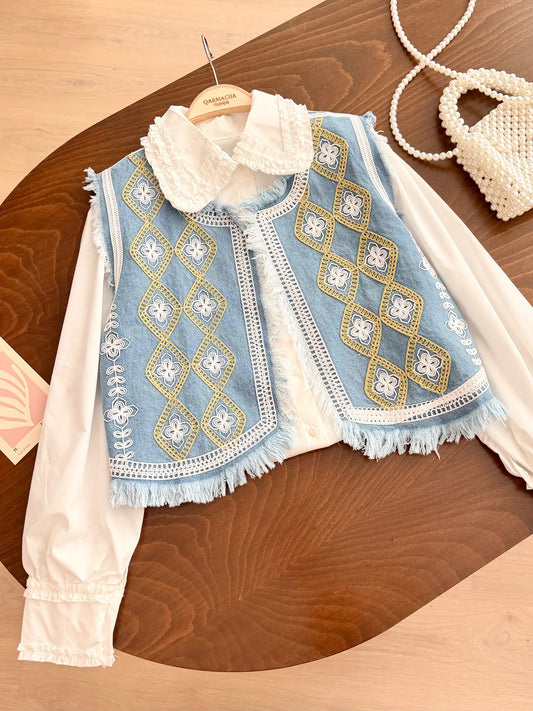 Tasseled Chain Embroidered Denim Yelek