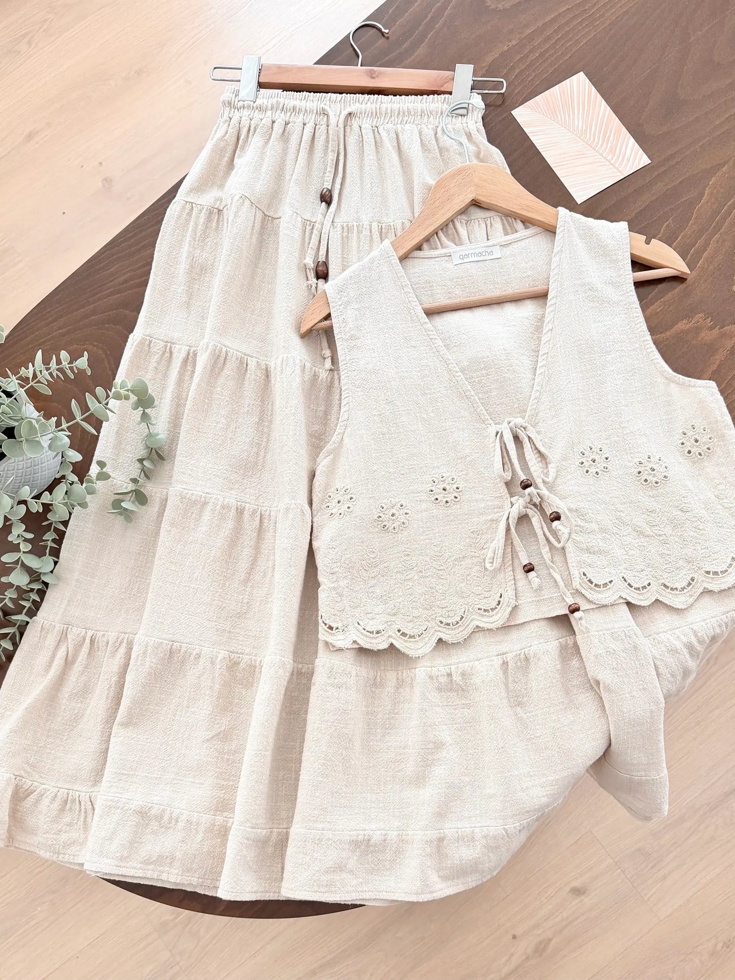 Linen Tiered Skirted With Vest Set
