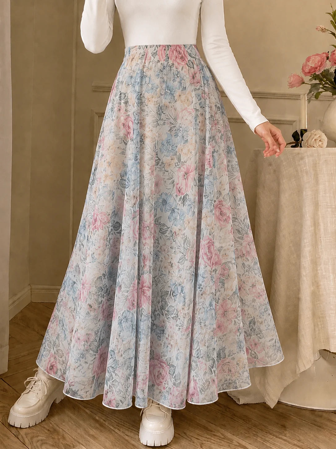Rose Patterned Chiffon Skirt