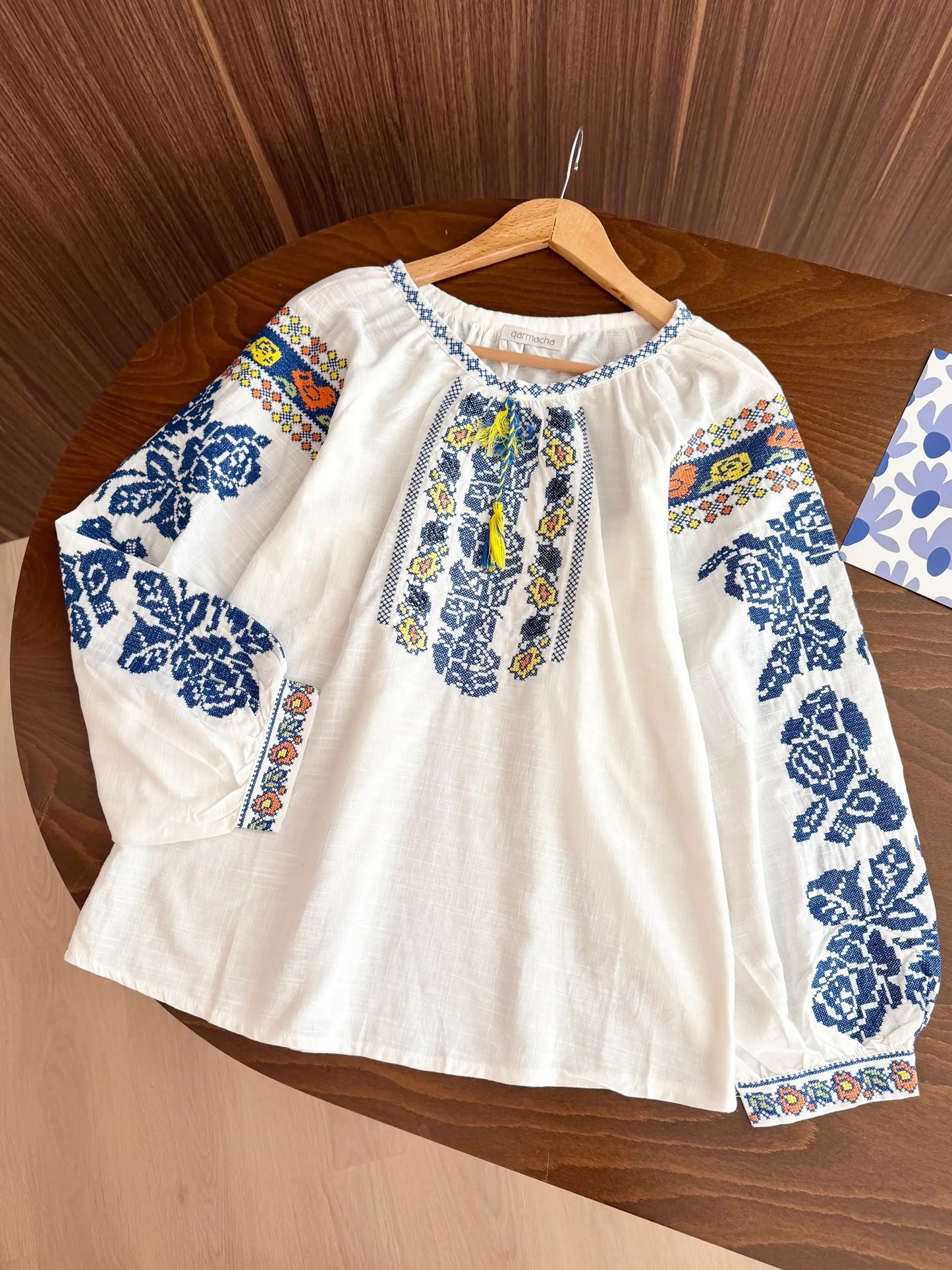 Blue Cross-Stitch Embroidered Blouse
