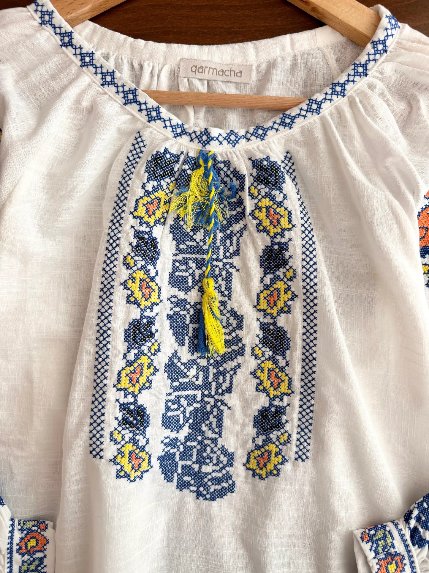 Blue Cross-Stitch Embroidered Blouse