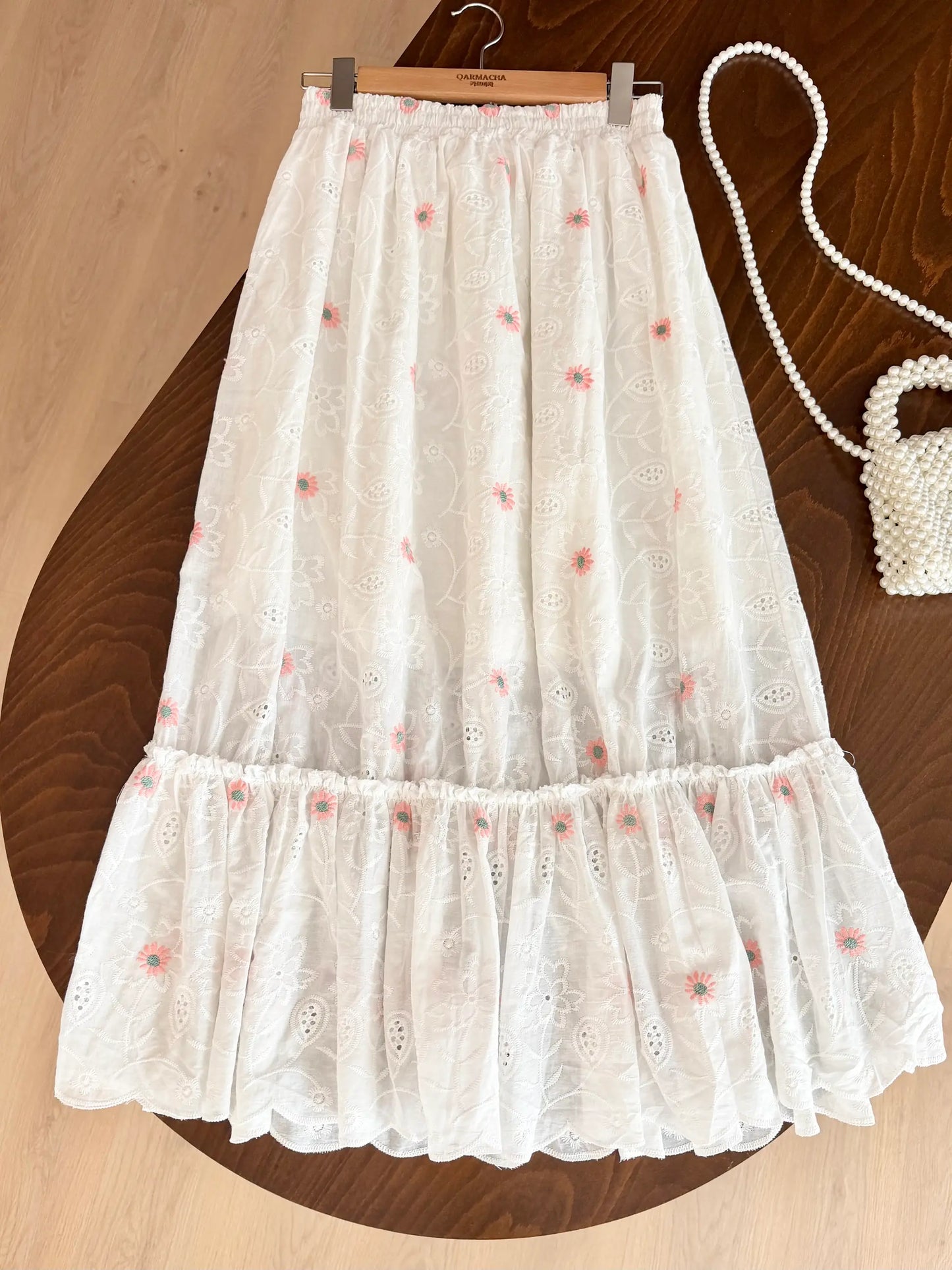 Daisy Embroidered Scalloped Ruffled Skirt