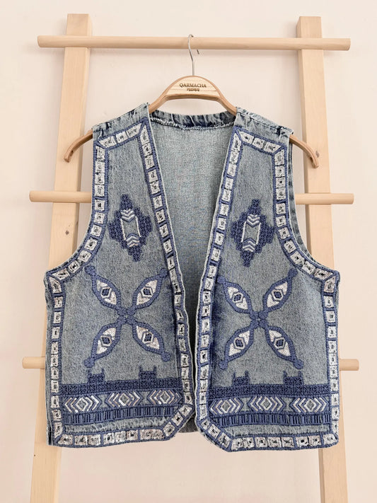 Pul Embroidered Denim Yelek