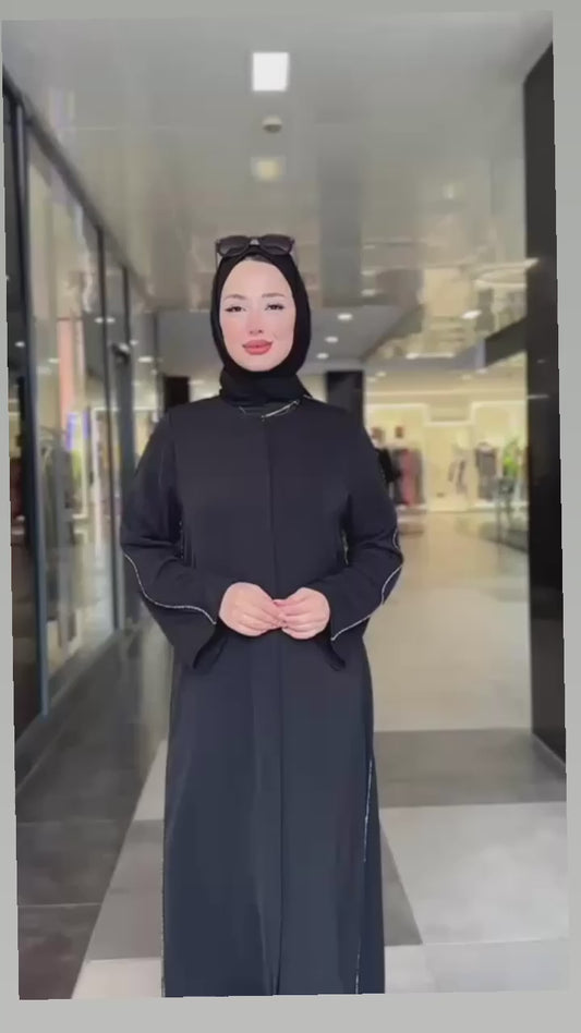 Zip-Front Black Abaya with Stripe Detailing